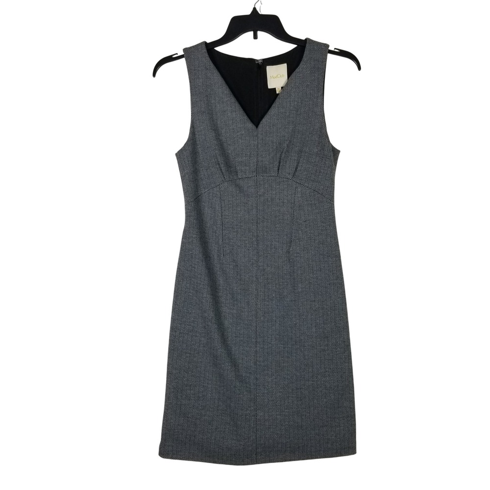 ModCloth Sheath Dress Women Size Medium Grey Herringbone V-Neck Sleeveless Retro